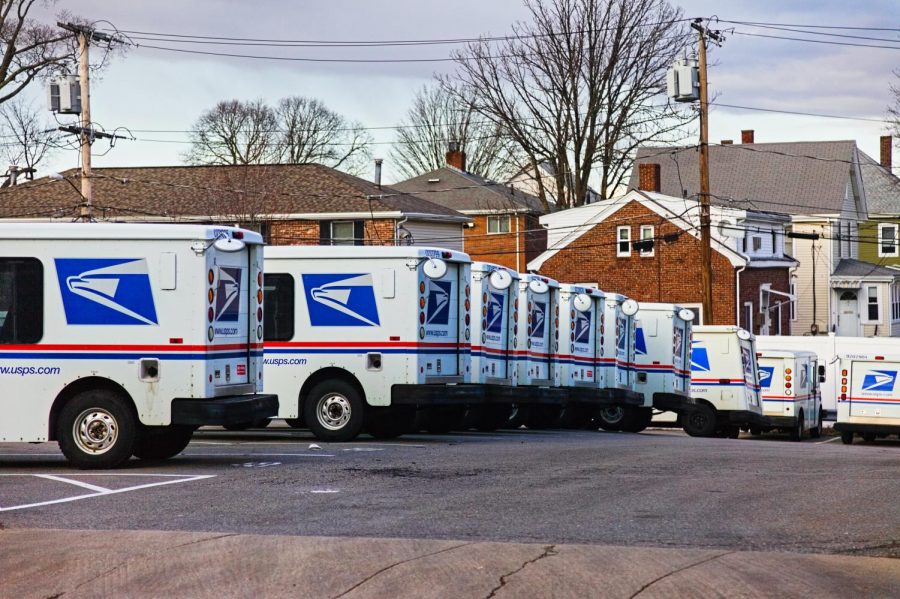 United States Postal Service Long-Life Vehicles lined up at the Waltham, Massachusetts mail handling facility this winter.