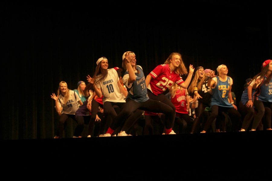 Junior girls performing in Homecoming Lip Sync. 