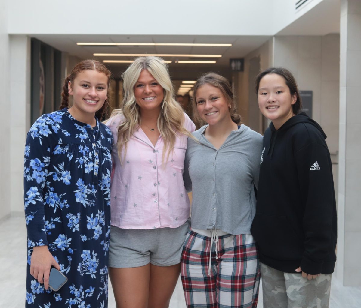 Seniors Aaliyah Riddick, Kiki Riggen, Abby Warner, and Kennedy VanVark wore their comfy clothes for pajama day.
